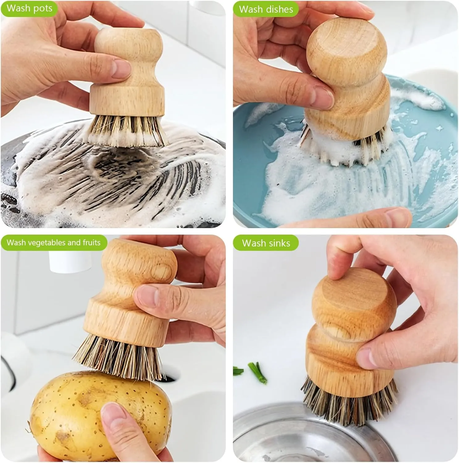 Bamboo Round Palm Pot Scrubber- 2 Packs Mini Dish Brush Natural Scrub Brush Durable Scrubber Cleaning Kit for Cleaning Pots, Pans (Palm, S)