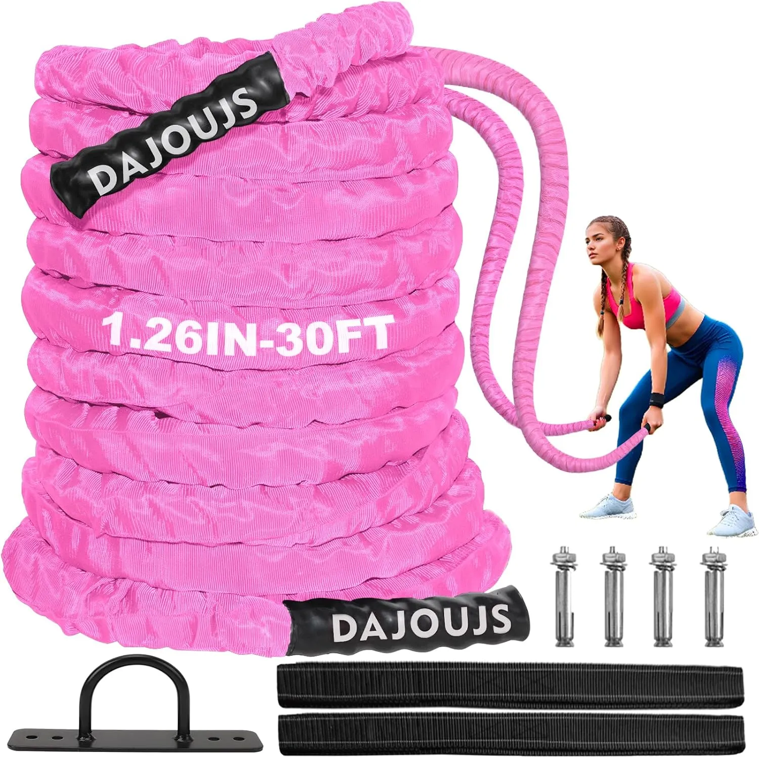 Battle Ropes for Home Gym,1.26inch 30ft Long Pink Battle Ropes with Protective Cover - Workout Equipment Heavy Exercise Ropes for Strength Training for Kids or Adults