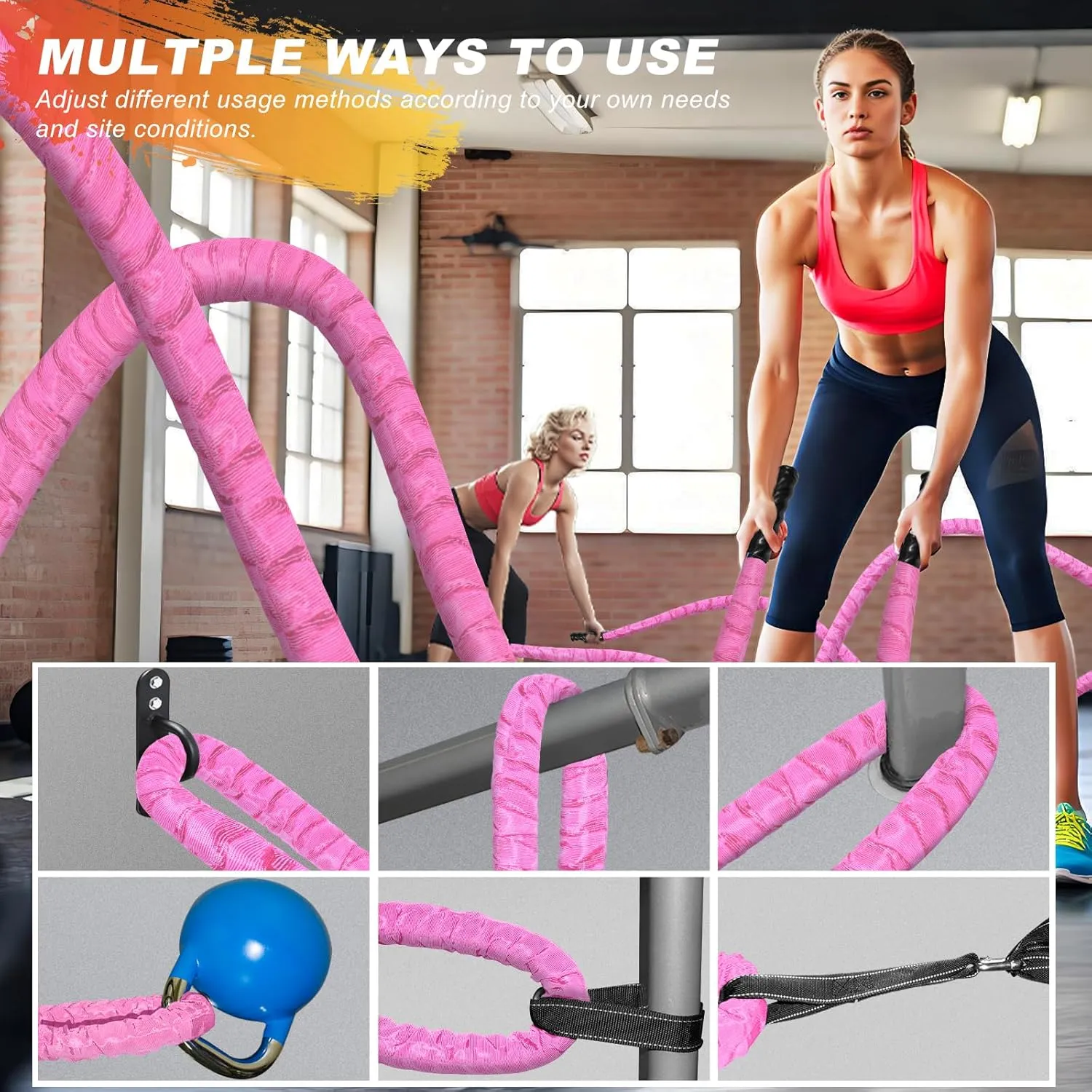 Battle Ropes for Home Gym,1.26inch 30ft Long Pink Battle Ropes with Protective Cover - Workout Equipment Heavy Exercise Ropes for Strength Training for Kids or Adults