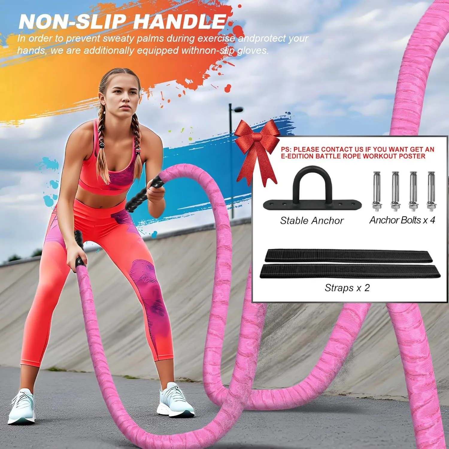 Battle Ropes for Home Gym,1.26inch 30ft Long Pink Battle Ropes with Protective Cover - Workout Equipment Heavy Exercise Ropes for Strength Training for Kids or Adults