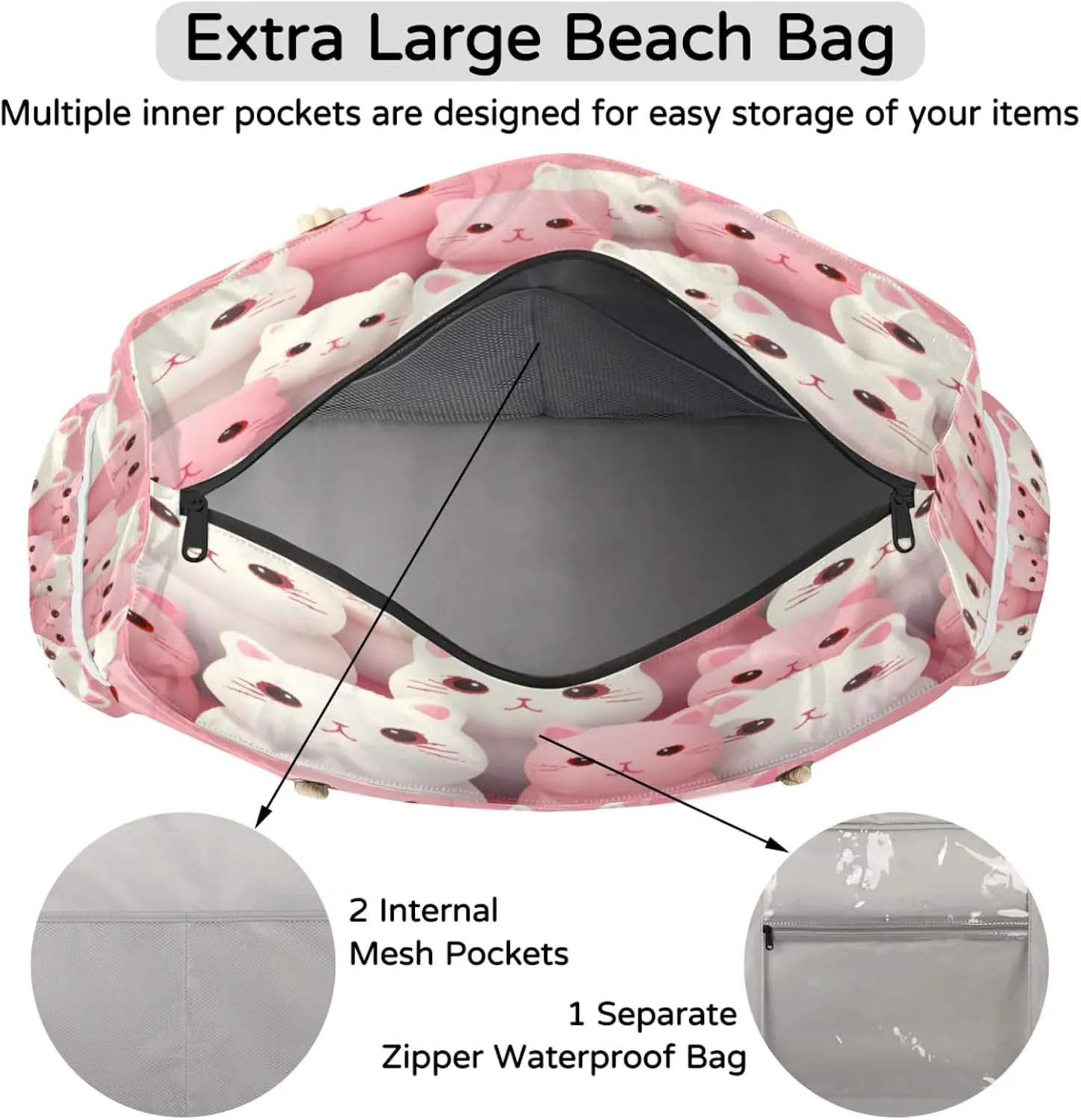 Beach Bags for Women Large Beach Tote Bag, Waterproof Sandproof Swim Pool Bag with Zipper