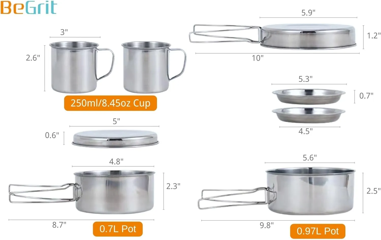 BeGrit Backpacking Camping Cookware Mini Picnic Camping Cooking Mess Kit with Pot and Pan Set for Hiking