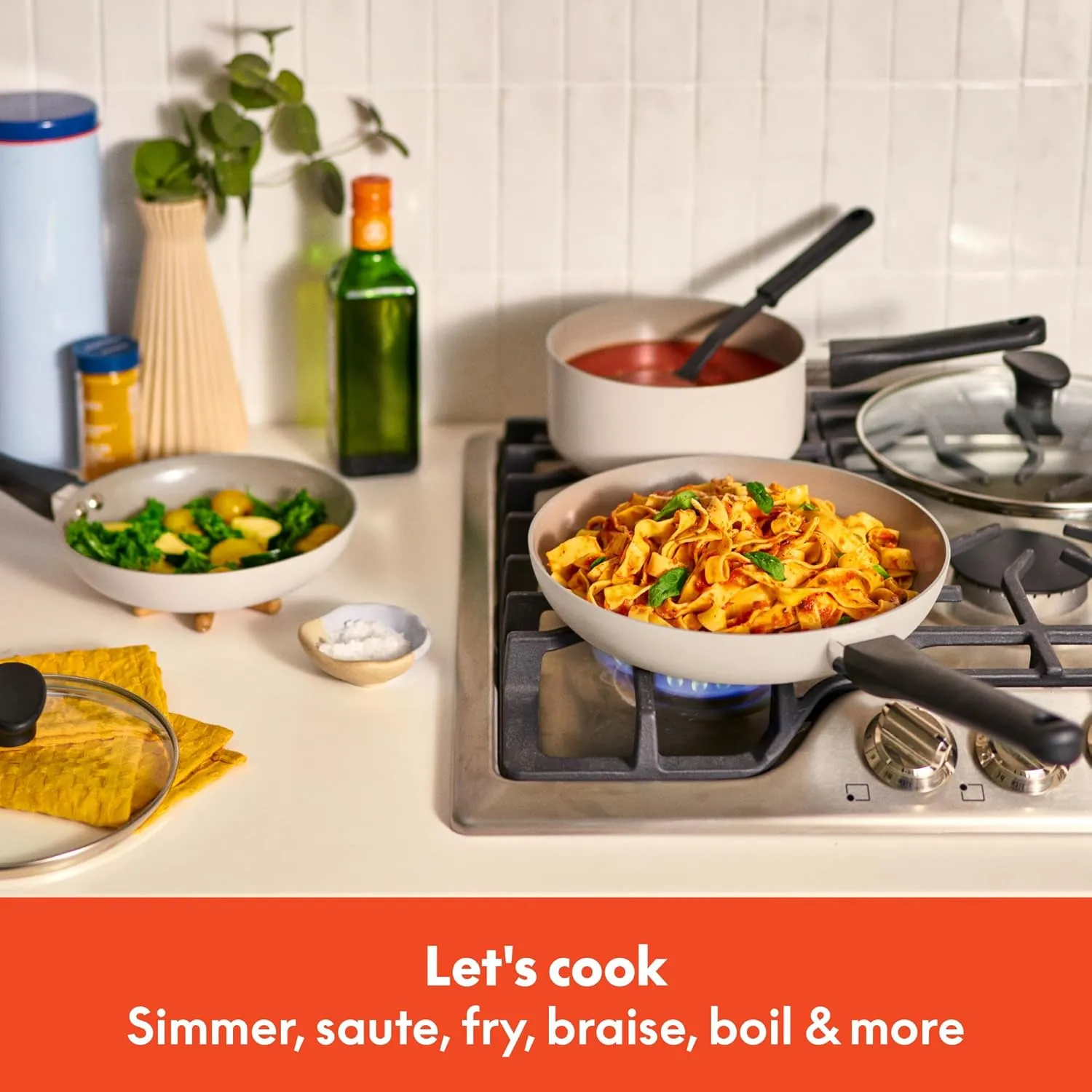 bella 12 Piece Cookware Set with EverGood™ Ceramic Nonstick Coating​, Dishwasher & Oven Safe, All Stovetops Compatible, Tempered Glass Lids and Cool Touch Handles, Oatmilk