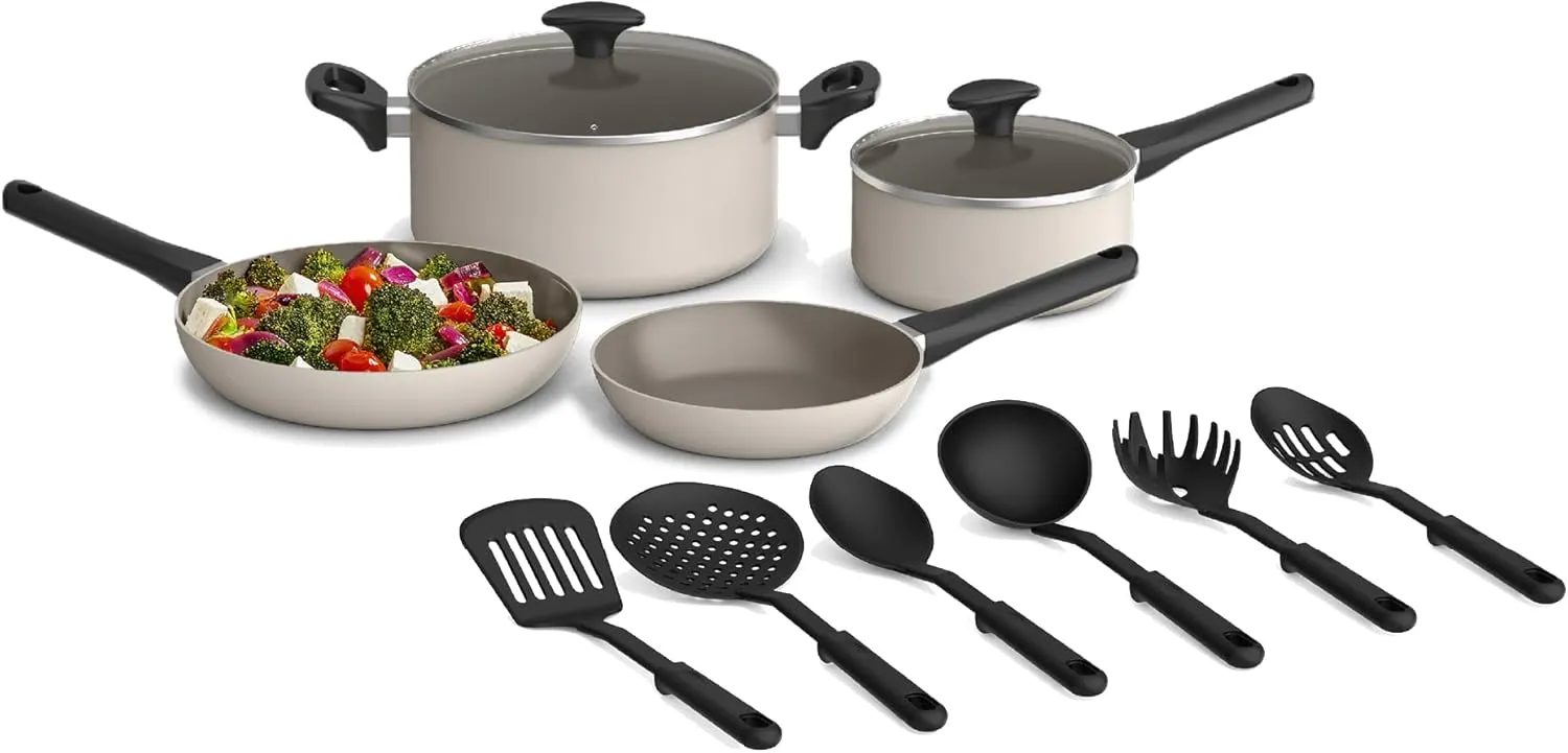bella 12 Piece Cookware Set with EverGood™ Ceramic Nonstick Coating​, Dishwasher & Oven Safe, All Stovetops Compatible, Tempered Glass Lids and Cool Touch Handles, Oatmilk