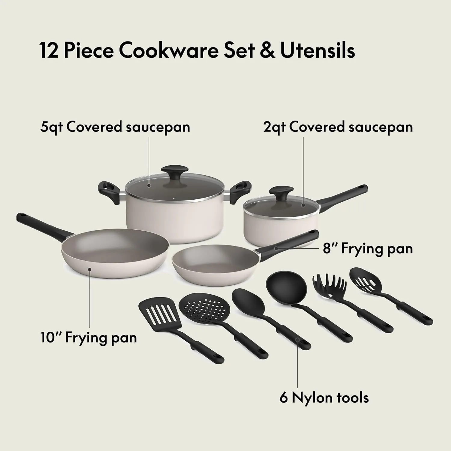 bella 12 Piece Cookware Set with EverGood™ Ceramic Nonstick Coating​, Dishwasher & Oven Safe, All Stovetops Compatible, Tempered Glass Lids and Cool Touch Handles, Oatmilk