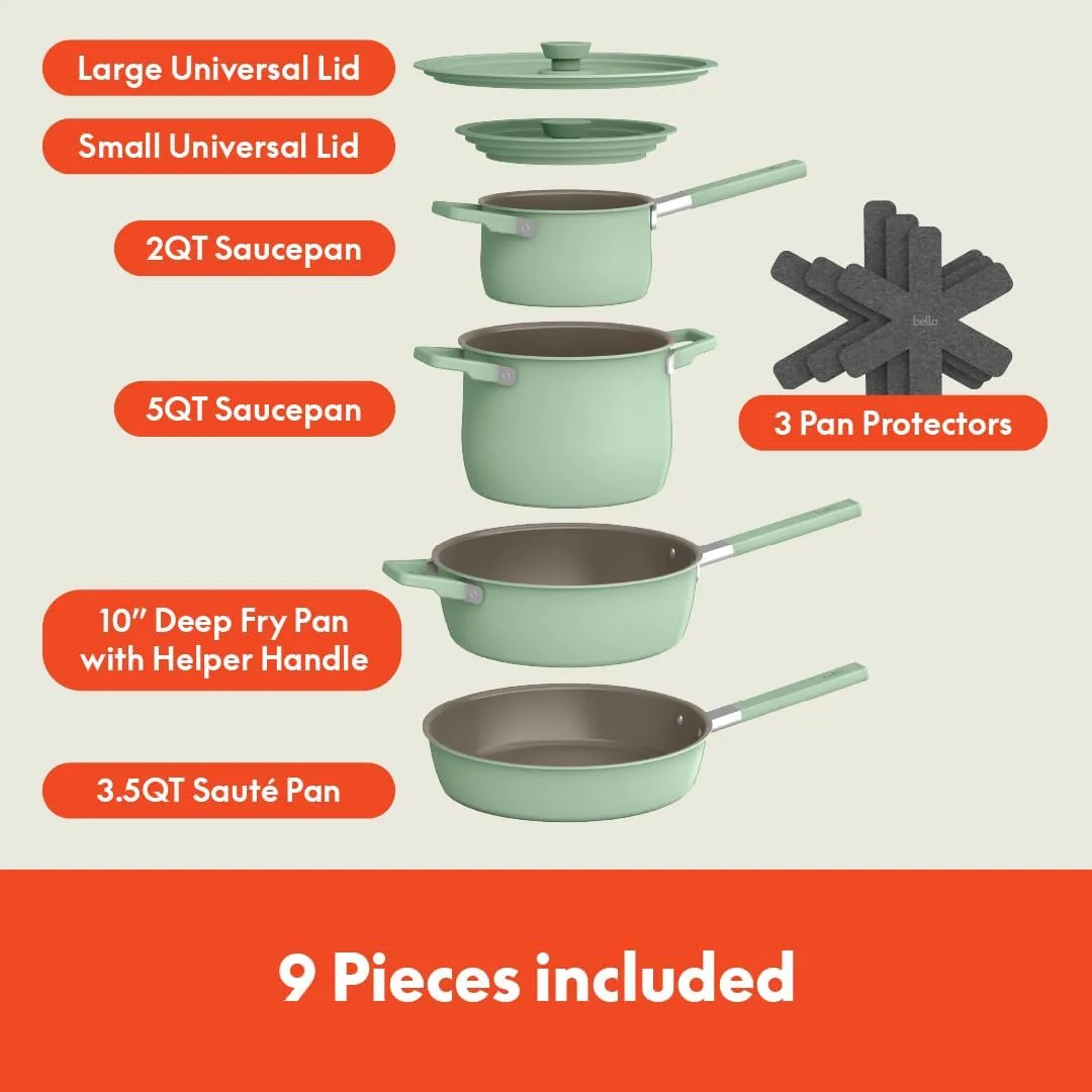 bella 9 Piece StoreMore Cookware Set, Fits-anywhere™ Kitchenware w EverGood™ Ceramic Nonstick Coating​, Dishwasher & Oven Safe, All Stovetops Compatible, Stackable Design, Cool Touch Handles, Seaglass
