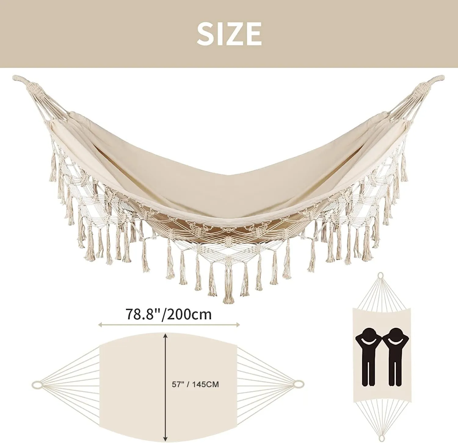 Bellzacasa Double Hammock, Heavy Duty 500 lb Load Capacity Tassels and Fishtail Knitting with Mounting Straps for Outdoor Camping Patio Balcony Beige