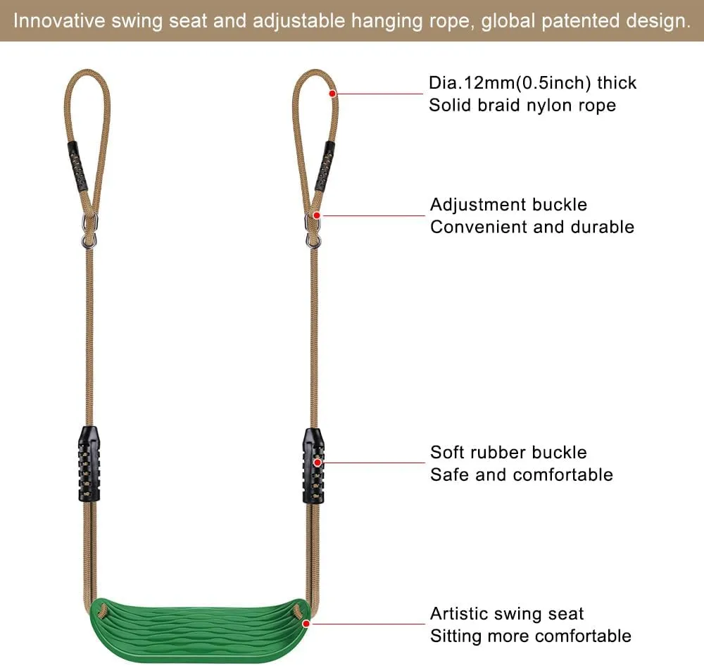 BeneLabel Non-Slip Swing Seat with Adjustable Rope and Carabiners - Heavy Duty Playground Swing Set Accessories for Kids and Adults - 220LB Capacity - Green