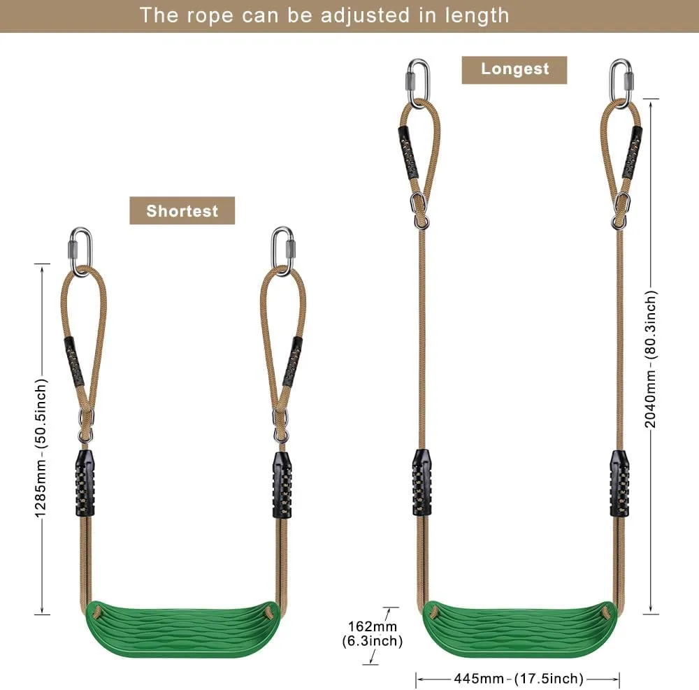 BeneLabel Non-Slip Swing Seat with Adjustable Rope and Carabiners - Heavy Duty Playground Swing Set Accessories for Kids and Adults - 220LB Capacity - Green