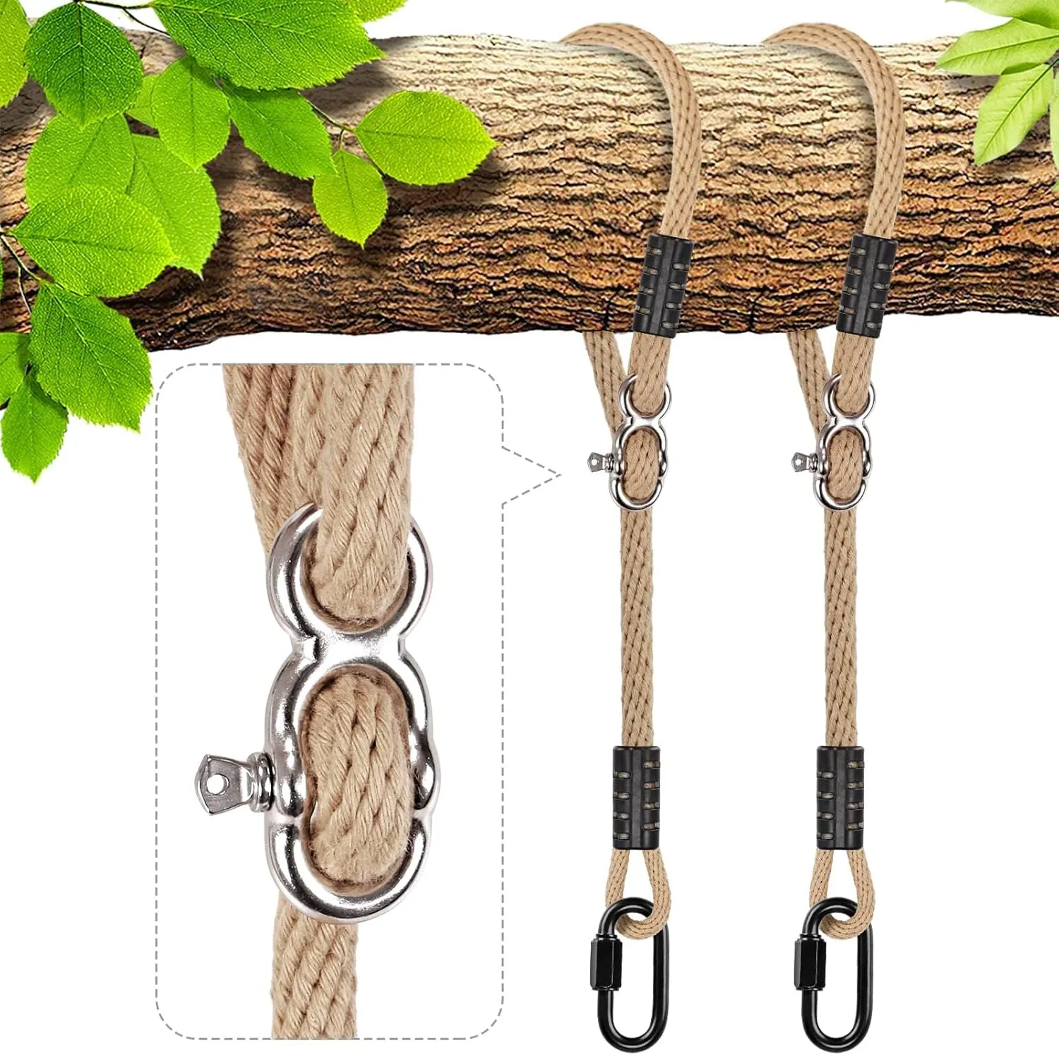 BeneLabel Tree Swing Ropes, Hammock Tree Swings Hanging Straps, Adjustable Extendable, for Outdoor Swings Hammock Playground Set Accessories, 3ft(40"), Raw White, 2 Pack