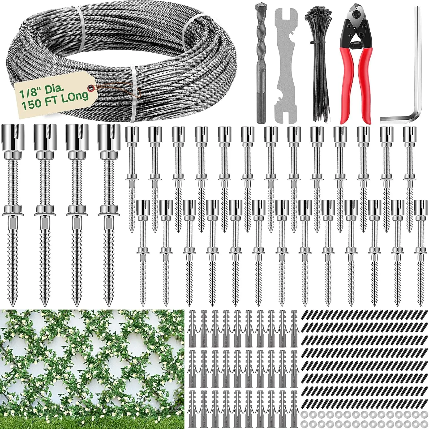 Berlune 30 Sets Wire Trellis for Climbing Plants Outdoor Wire Trellis Kit with 1/8in x 150ft Rope and Cutter, T316 Stainless Steel Wall Kit Espalier Cable System