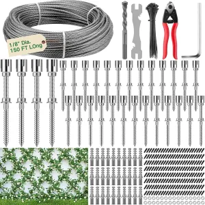 Berlune 30 Sets Wire Trellis for Climbing Plants Outdoor Wire Trellis Kit with 1/8in x 150ft Rope and Cutter, T316 Stainless Steel Wall Kit Espalier Cable System