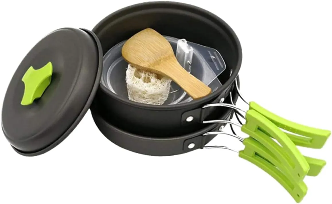BESPORTBLE Camping Cookware Set 1-2 Person Portable Camping Pot Pan Green Handle Nonstick Easy to