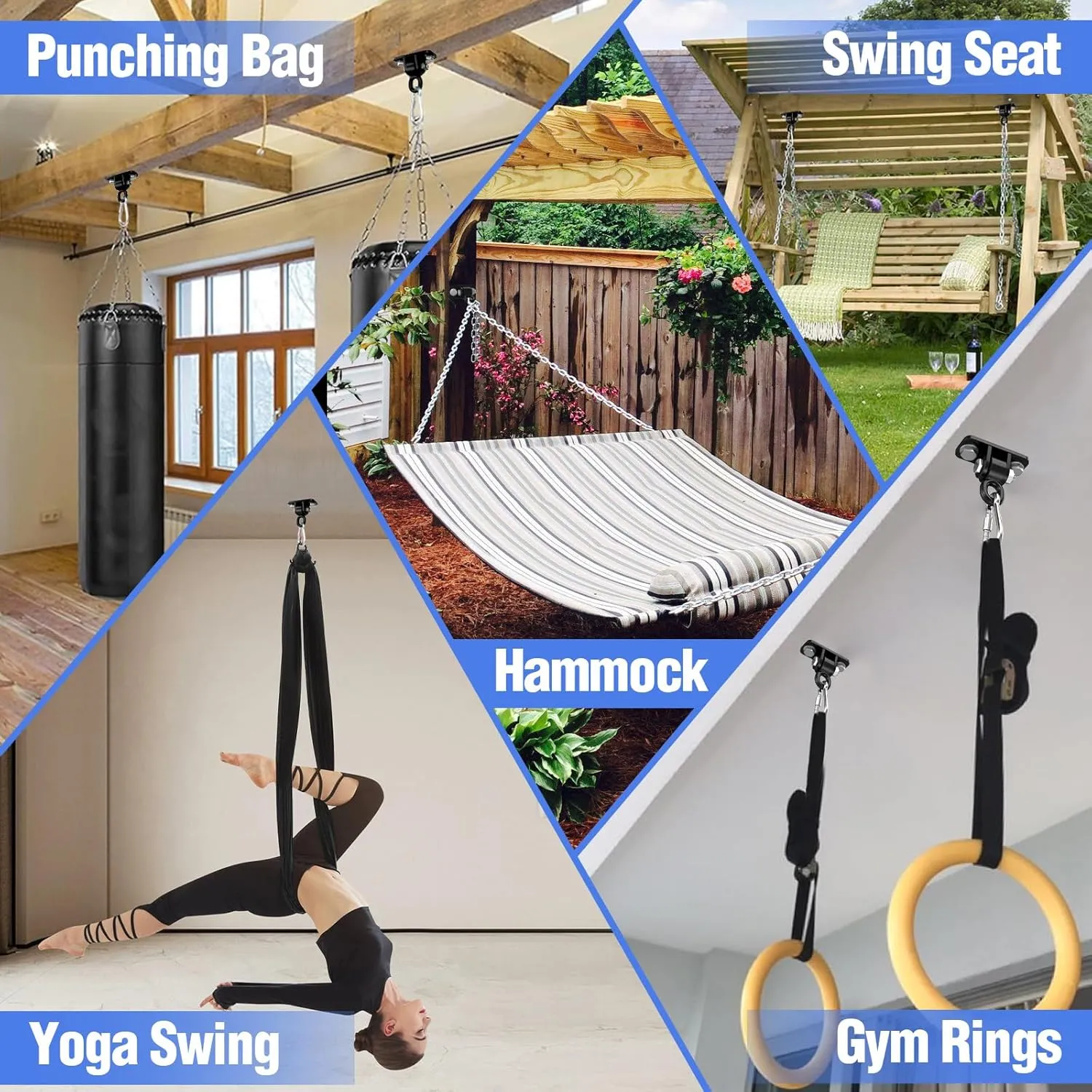 BETOOLL Swing Hangers with Bearing, Heavy Duty Porch Swing Hanging Kit for Outdoor Playground Tree Indoor Ceiling Mount Hardware Brackets Hooks for Yoga Hammock Punching Bag Accessories 4PCS Black