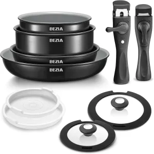BEZIA Induction Cookware with Healthy Ceramic Coating, Camping Pots and Pans Set Nonstick 10pcs with Detachable Handles, Induction RV Kitchen Set with Removable Handles, Oven Safe