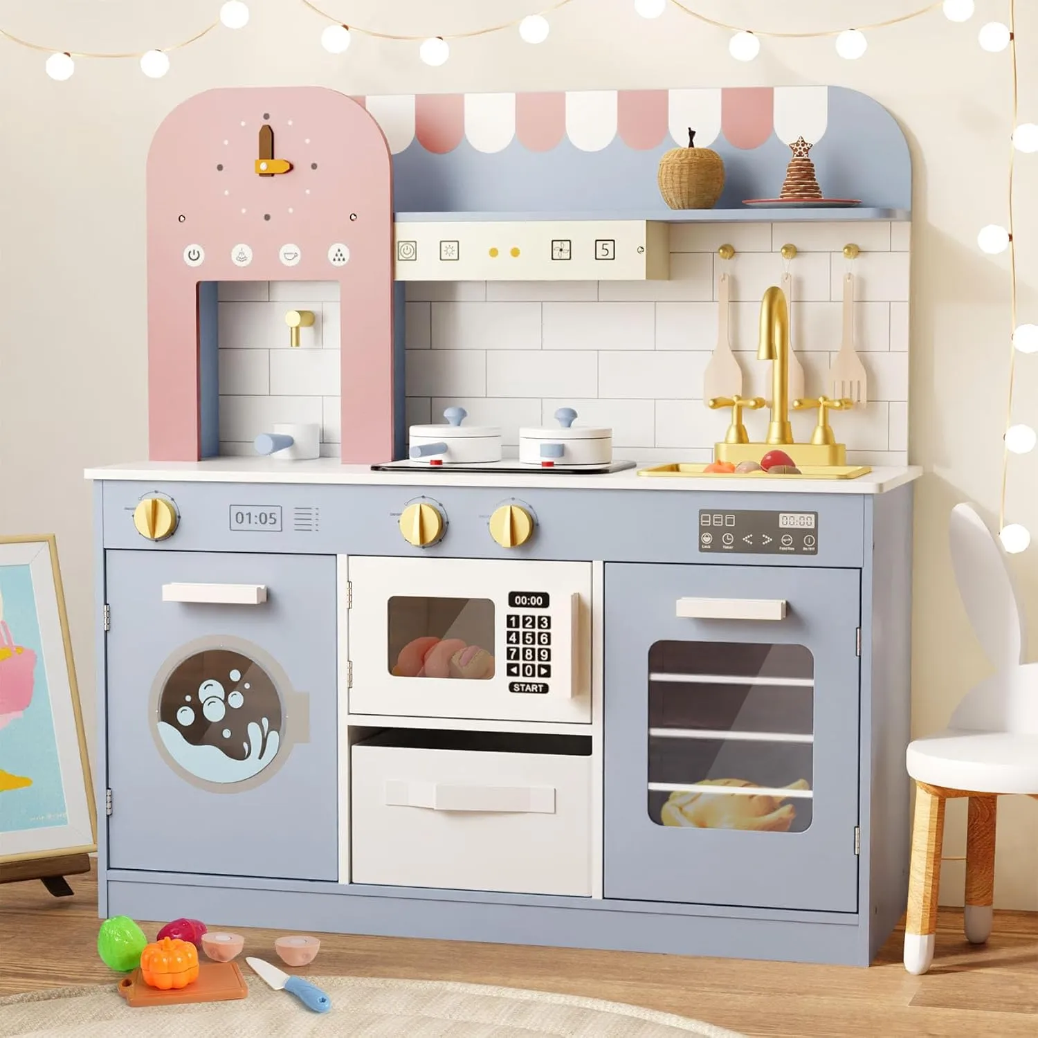 BIERUM Play Kitchen with Realistic Lights & Sounds, Wooden Kitchen Playset Chef Pretend Play Set for Toddlers, Toy Kitchen with 26 Pcs Toy Food & Cookware Accessories, Gift for Ages 3  (Bule)