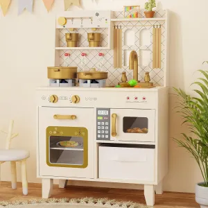 BIERUM Play Kitchen with Realistic Lights & Sounds, Wooden Kitchen Playset Chef Pretend Play Set for Toddlers, Toy Kitchen with 26 Pcs Toy Food & Cookware Accessories, Gift for Ages 3 