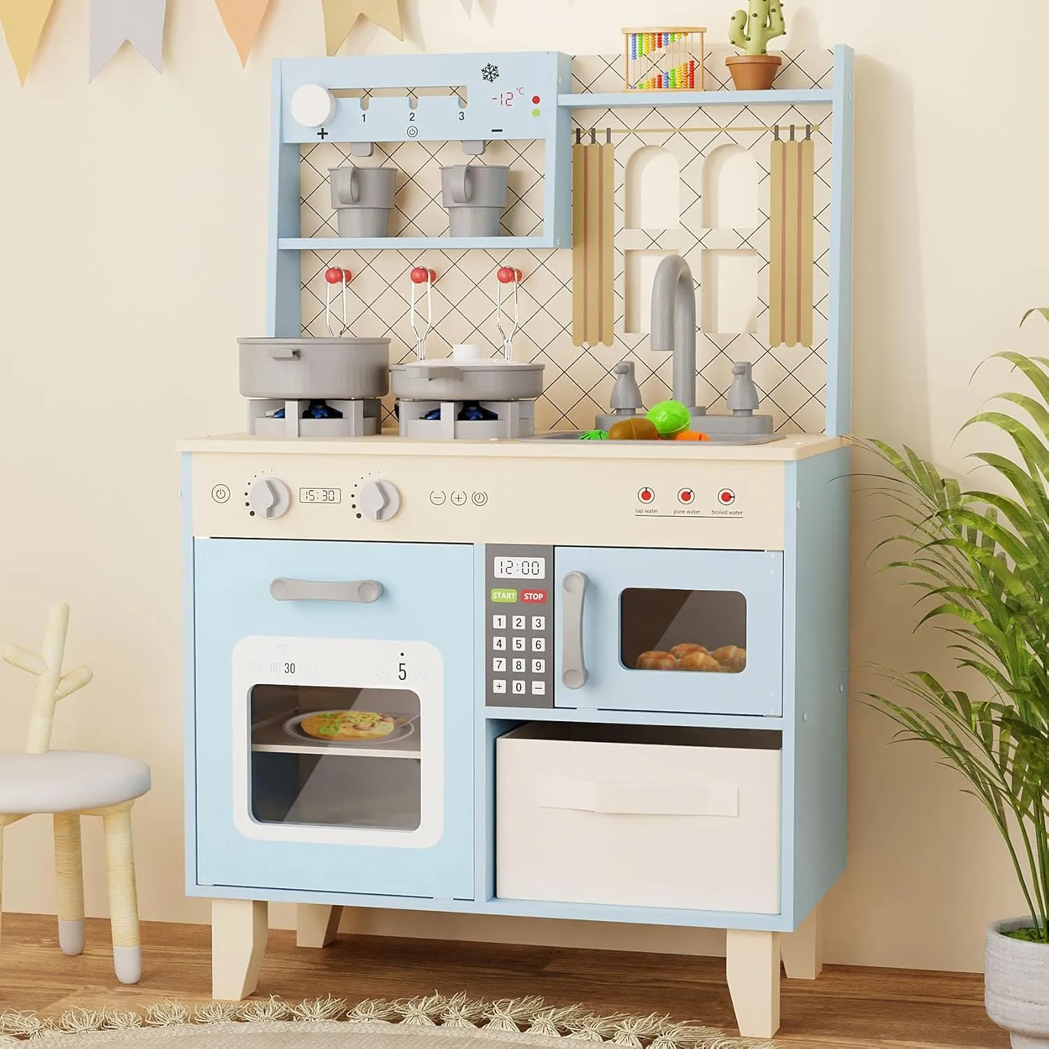 BIERUM Play Kitchen with Realistic Lights & Sounds, Wooden Kitchen Playset Chef Pretend Play Set for Toddlers, Toy Kitchen with 26 Pcs Toy Food & Cookware Accessories, Gift for Ages 3 