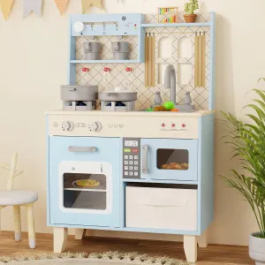 BIERUM Play Kitchen with Realistic Lights & Sounds, Wooden Kitchen Playset Chef Pretend Play Set for Toddlers, Toy Kitchen with 26 Pcs Toy Food & Cookware Accessories, Gift for Ages 3 