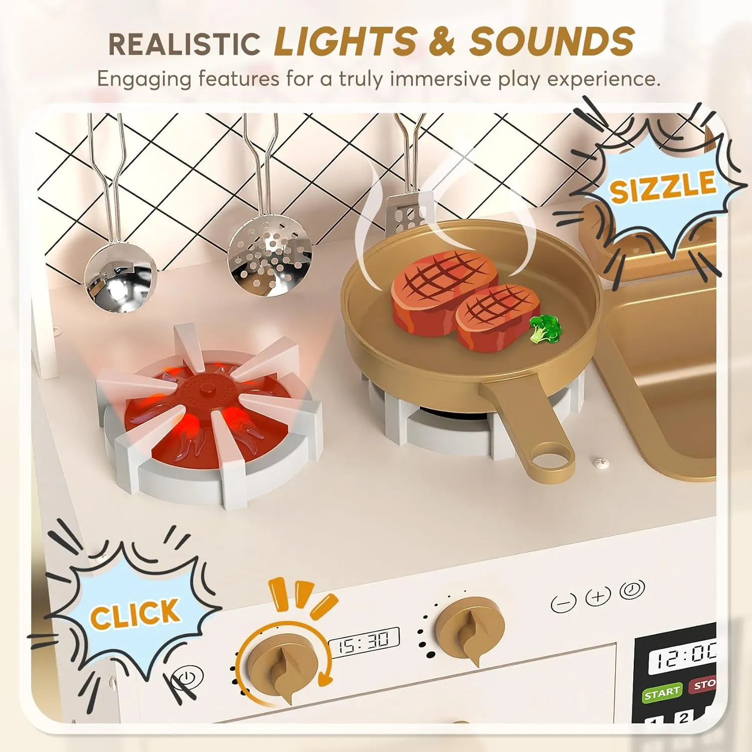 BIERUM Play Kitchen with Realistic Lights & Sounds, Wooden Kitchen Playset Chef Pretend Play Set for Toddlers, Toy Kitchen with 26 Pcs Toy Food & Cookware Accessories, Gift for Ages 3 