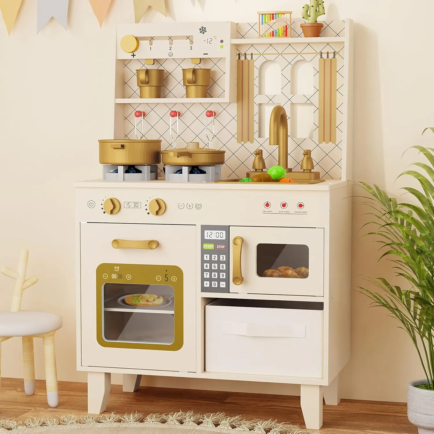 BIERUM Play Kitchen with Realistic Lights & Sounds, Wooden Kitchen Playset Chef Pretend Play Set for Toddlers, Toy Kitchen with 26 Pcs Toy Food & Cookware Accessories, Gift for Ages 3 