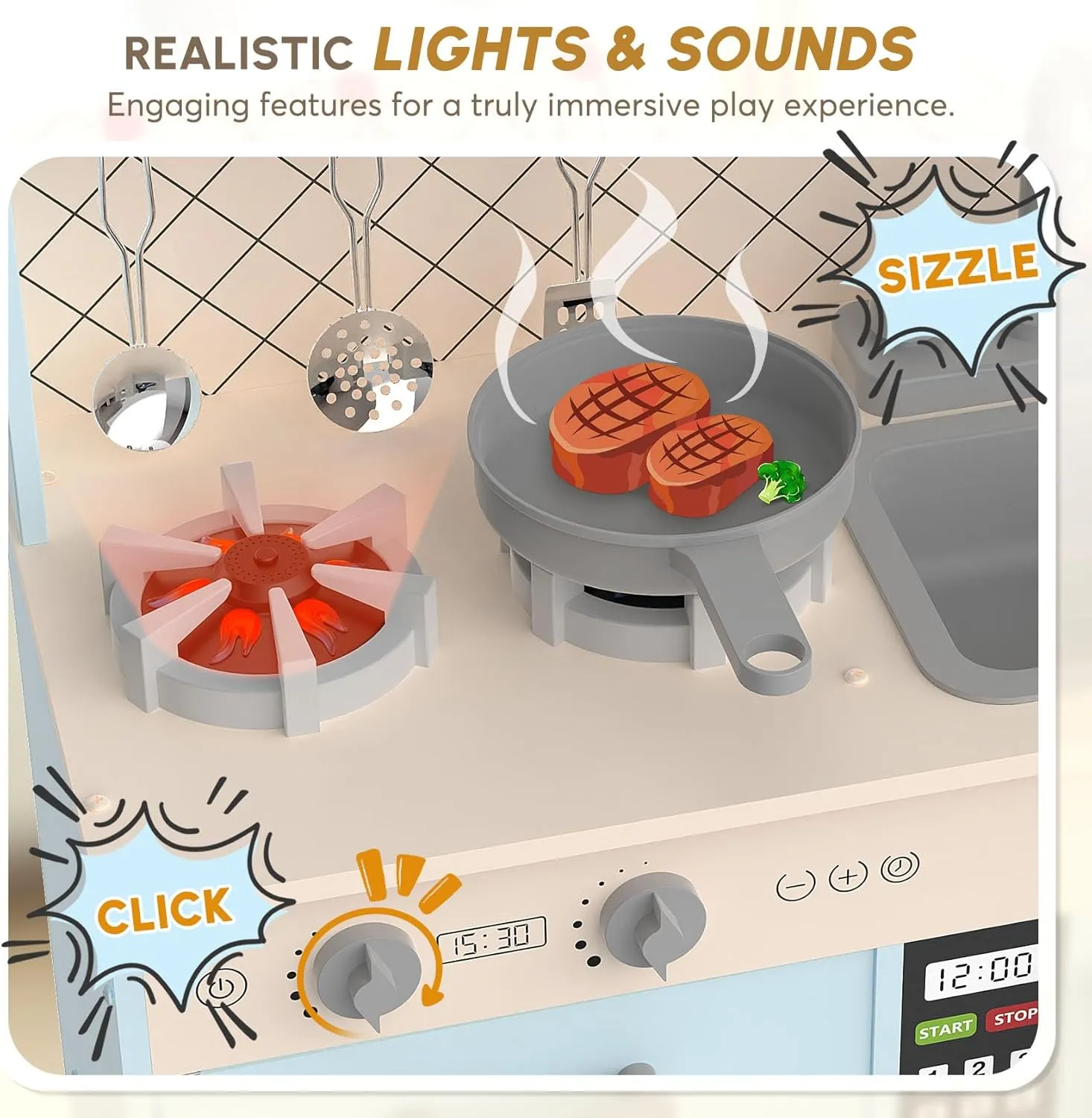 BIERUM Play Kitchen with Realistic Lights & Sounds, Wooden Kitchen Playset Chef Pretend Play Set for Toddlers, Toy Kitchen with 26 Pcs Toy Food & Cookware Accessories, Gift for Ages 3 