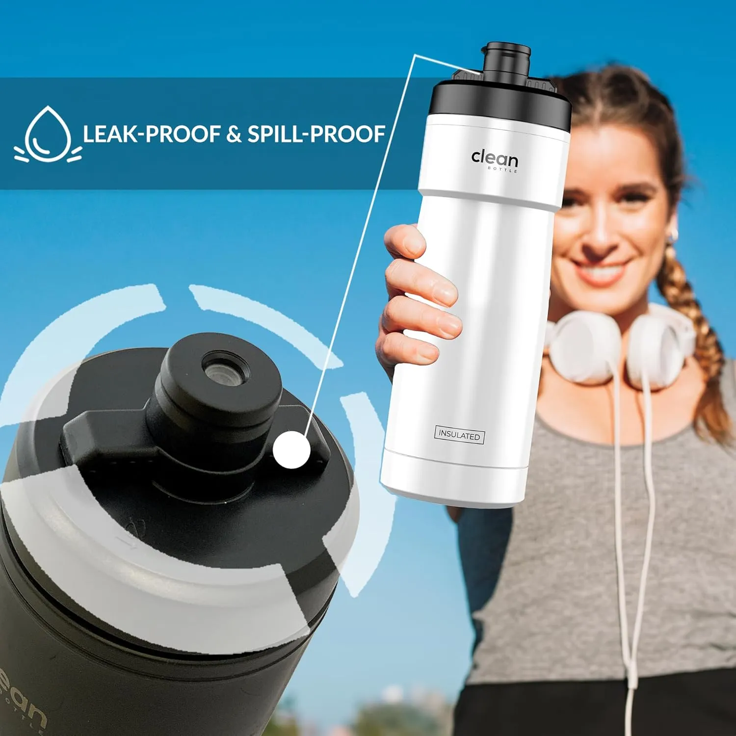 Bike Water Bottles | Insulated Bike Water Bottle | Easy Clean Nozzle, Easy Squeeze | Cycling Mountain Fitness Water Bottle | Gym Sport Bottle | (White, Sport 20)
