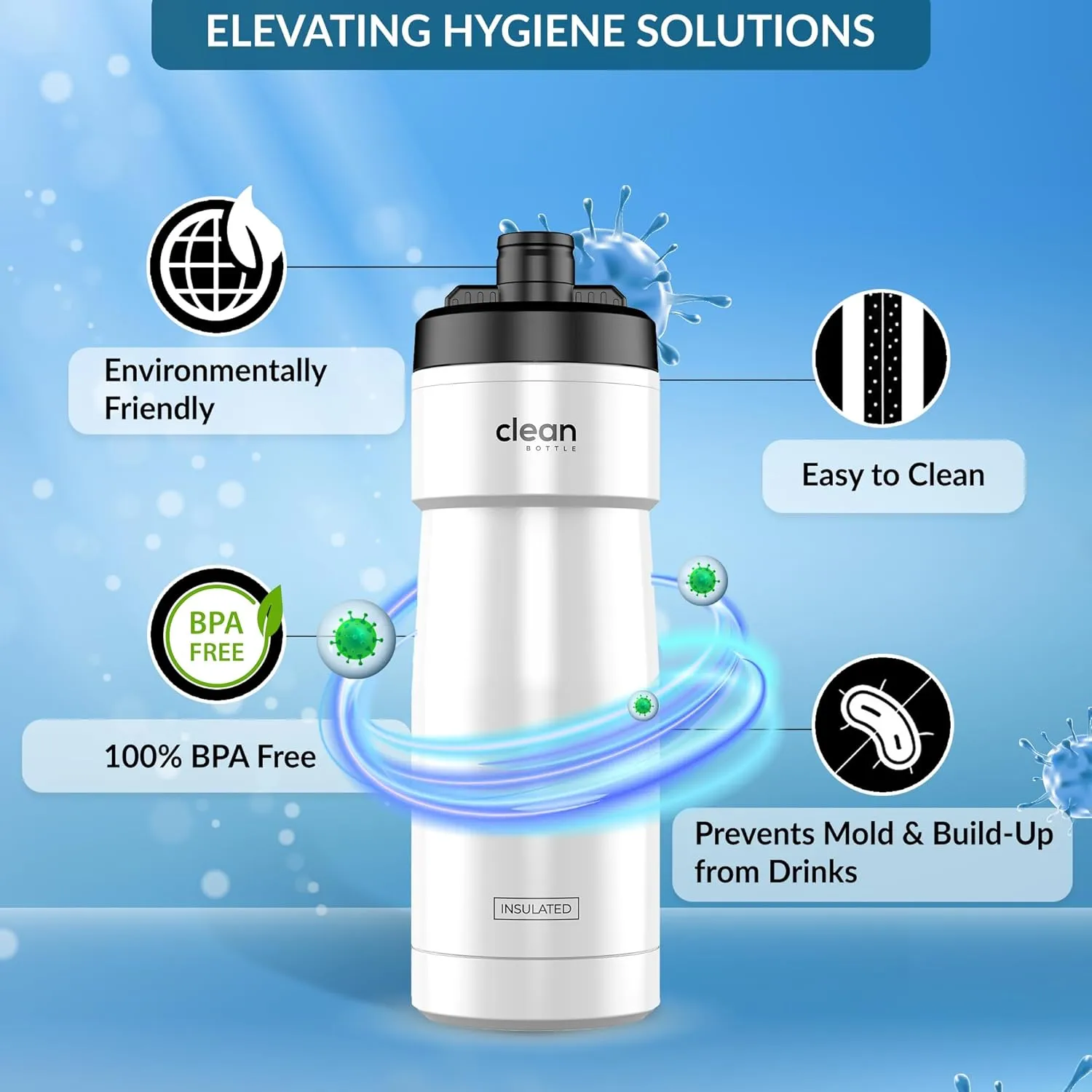 Bike Water Bottles | Insulated Bike Water Bottle | Easy Clean Nozzle, Easy Squeeze | Cycling Mountain Fitness Water Bottle | Gym Sport Bottle | (White, Sport 20)