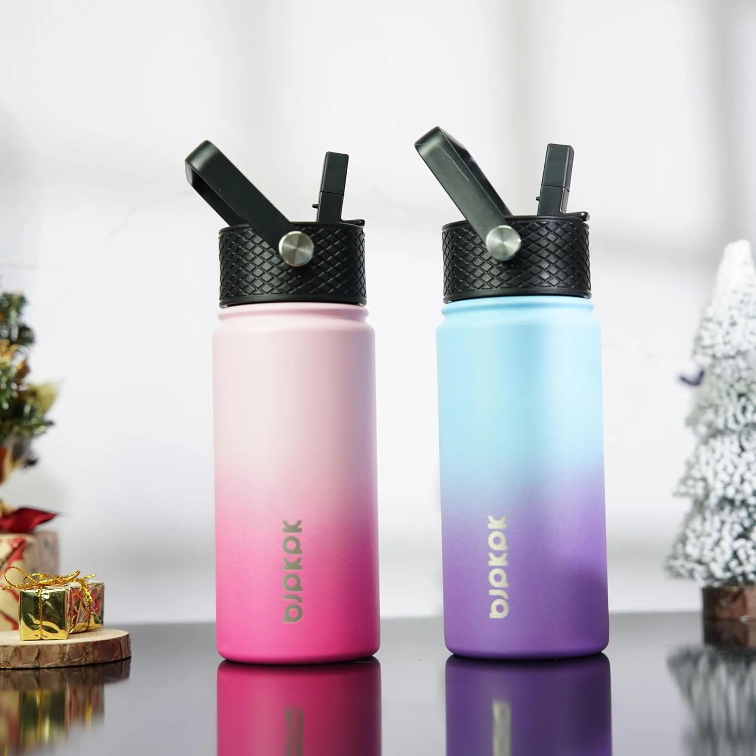 BJPKPK 2 Pack Insulated Water Bottles with Straw Lids, 18oz Stainless Steel Metal Water Bottle with 6 Lids, Leak Proof BPA Free Thermos, Cups, Flasks for Travel, Sports (Cherry Ocean Dream)