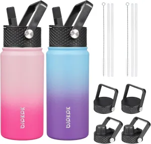 BJPKPK 2 Pack Insulated Water Bottles with Straw Lids, 18oz Stainless Steel Metal Water Bottle with 6 Lids, Leak Proof BPA Free Thermos, Cups, Flasks for Travel, Sports (Cherry Ocean Dream)