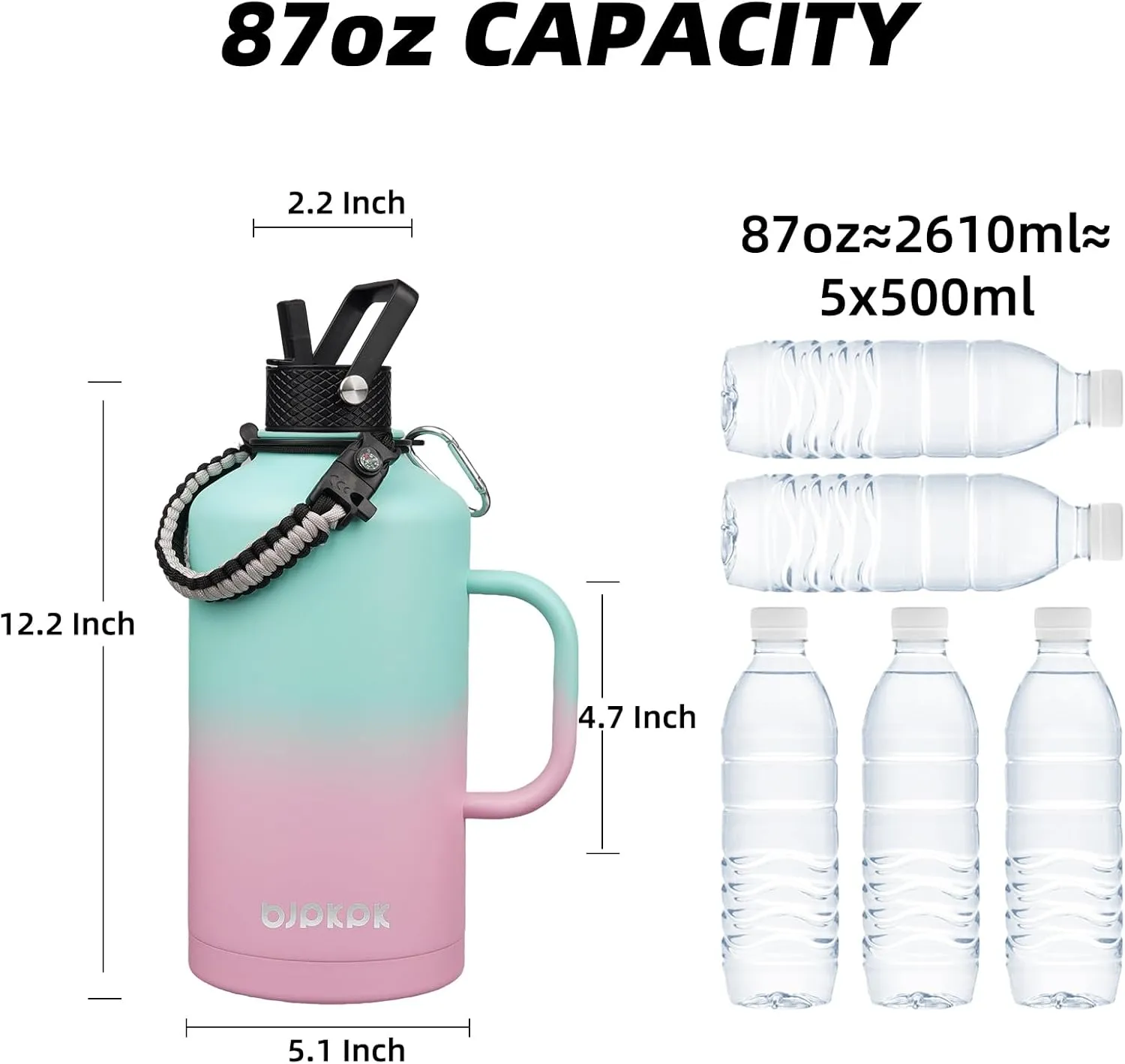 BJPKPK 2/3 Gallon Water Bottle Insulated with Straw Lid, 50oz, 64oz, 87oz, 128oz Large, Stainless Steel Water Bottles with 3 Lids and Paracord Strap, Double Wall Vacuum Metal Water Jug,Marshmallow