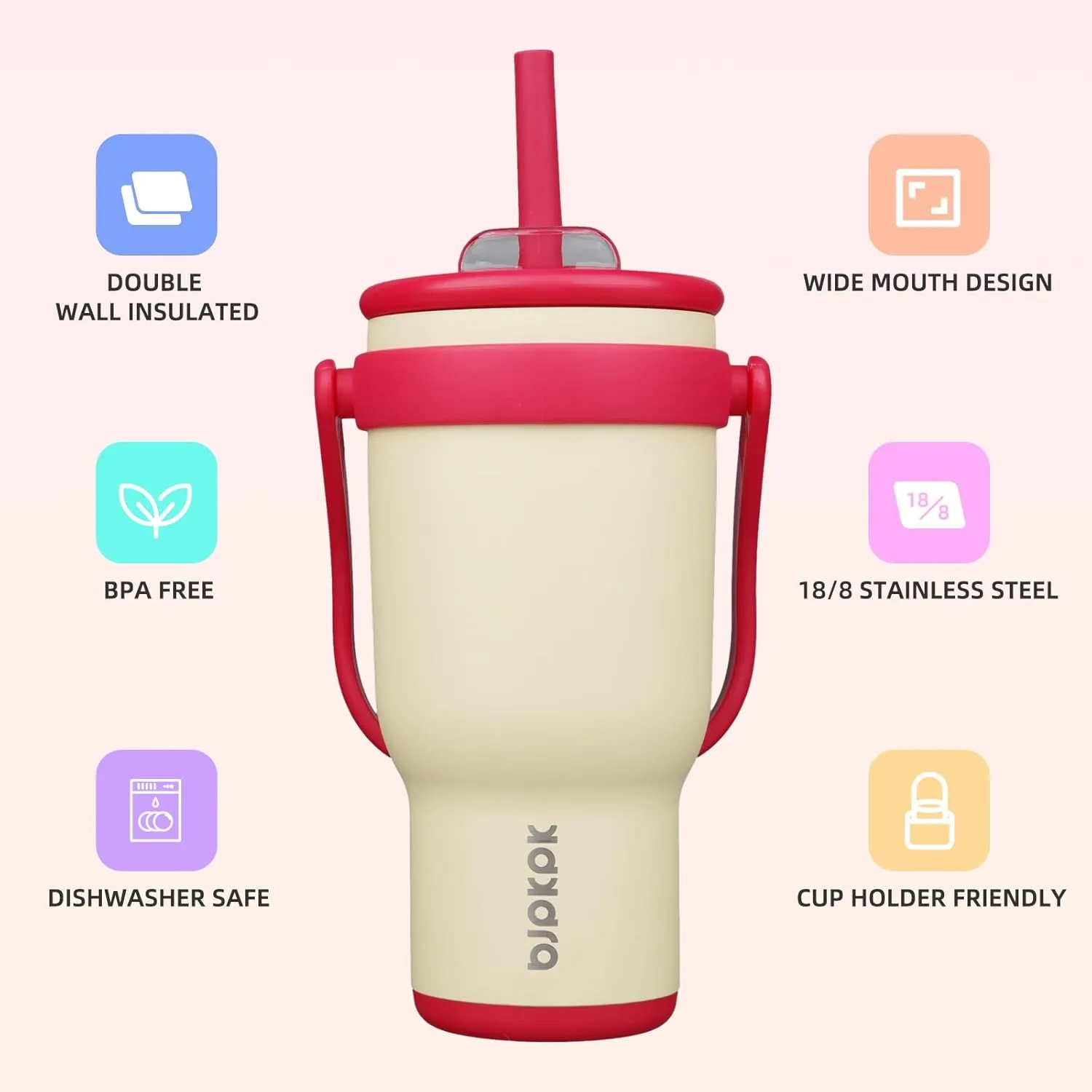 BJPKPK 30 OZ Insulated Travel Tumbler with Handle and Straw, Stainless Steel Water Bottle, Double Wall Vacuum Insulated Mug, for Work, Car, Travel, Cream