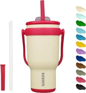 BJPKPK 30 OZ Insulated Travel Tumbler with Handle and Straw, Stainless Steel Water Bottle, Double Wall Vacuum Insulated Mug, for Work, Car, Travel, Cream
