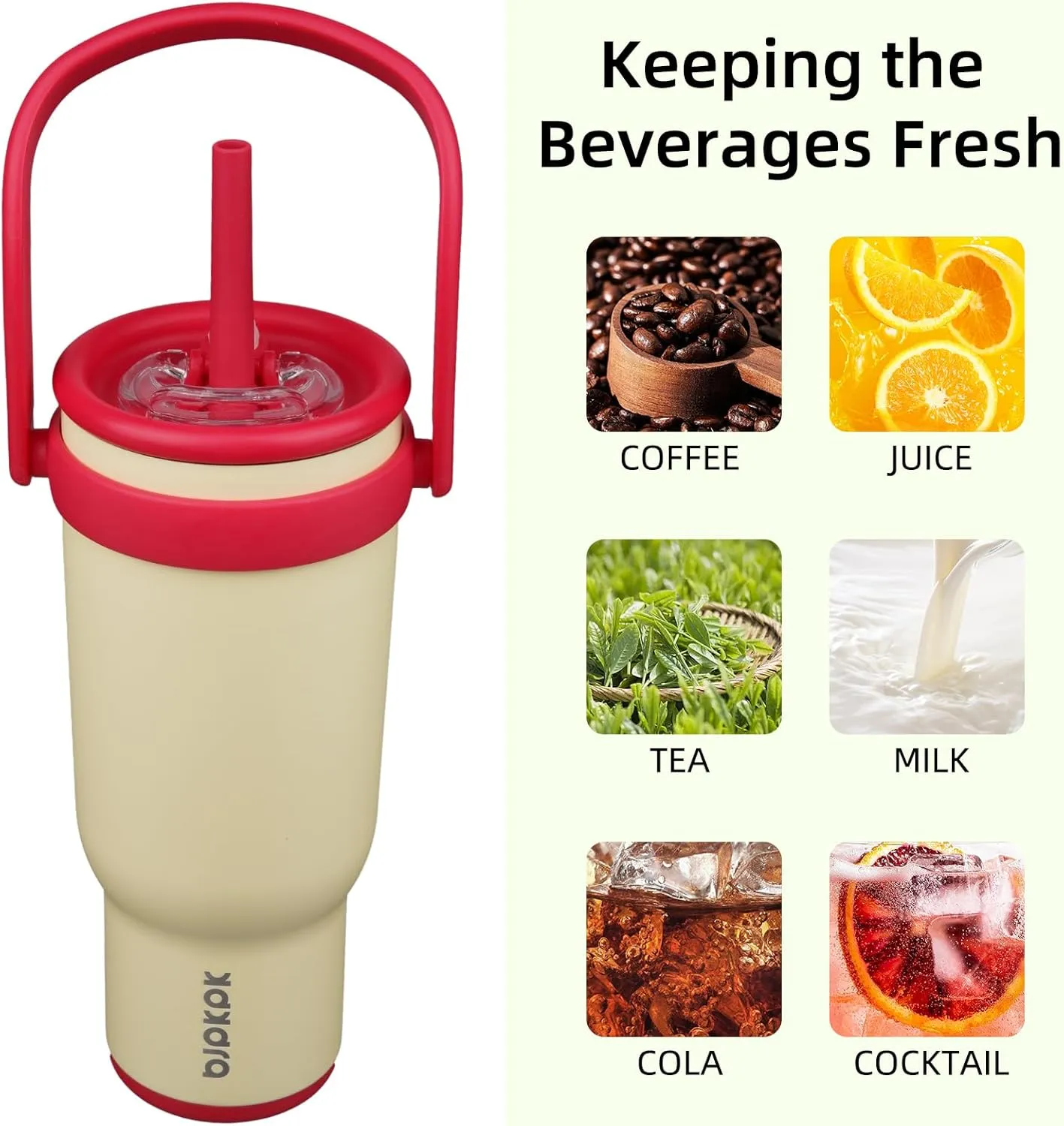 BJPKPK 30 OZ Insulated Travel Tumbler with Handle and Straw, Stainless Steel Water Bottle, Double Wall Vacuum Insulated Mug, for Work, Car, Travel, Cream