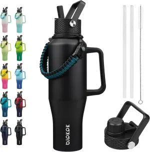 BJPKPK Insulated Water Bottles with Straw Lid, 40oz Metal Water Bottle with 2 lids & Paracord Strap, Double Wall Stainless Steel Tumbler with Handle, Reusable Cups, Mugs, Thermos, Black