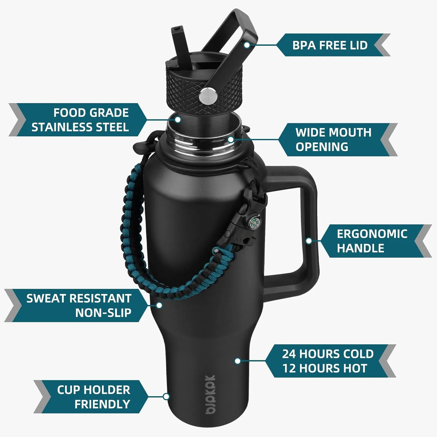 BJPKPK Insulated Water Bottles with Straw Lid, 40oz Metal Water Bottle with 2 lids & Paracord Strap, Double Wall Stainless Steel Tumbler with Handle, Reusable Cups, Mugs, Thermos, Black