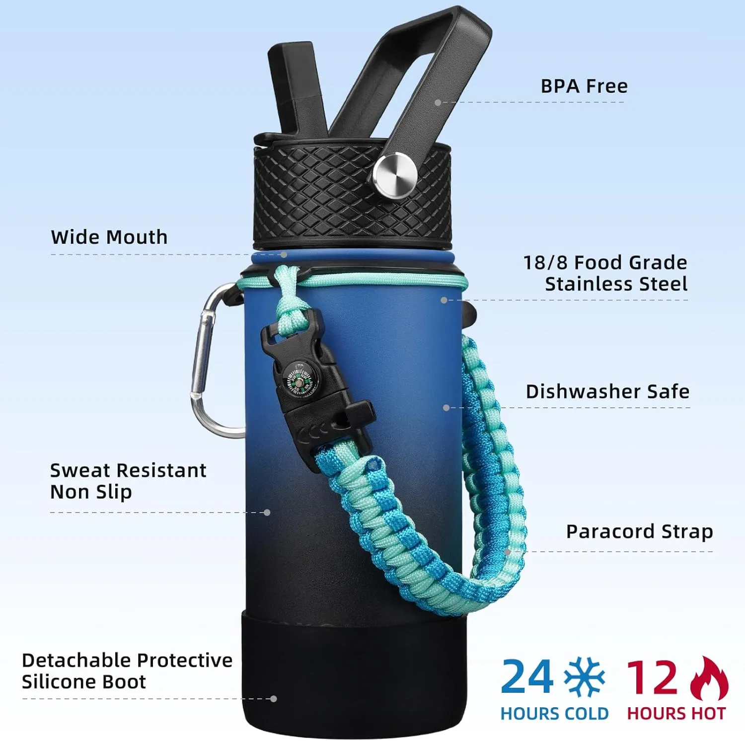 BJPKPK Water Bottle with Straw Lid, 18oz Insulated Water Bottles with 3 Lids, Paracord Handle & Non-slip Boot, Metal Stainless Steel Thermos, BPA Free Leak Proof Tumblers,Blue Black