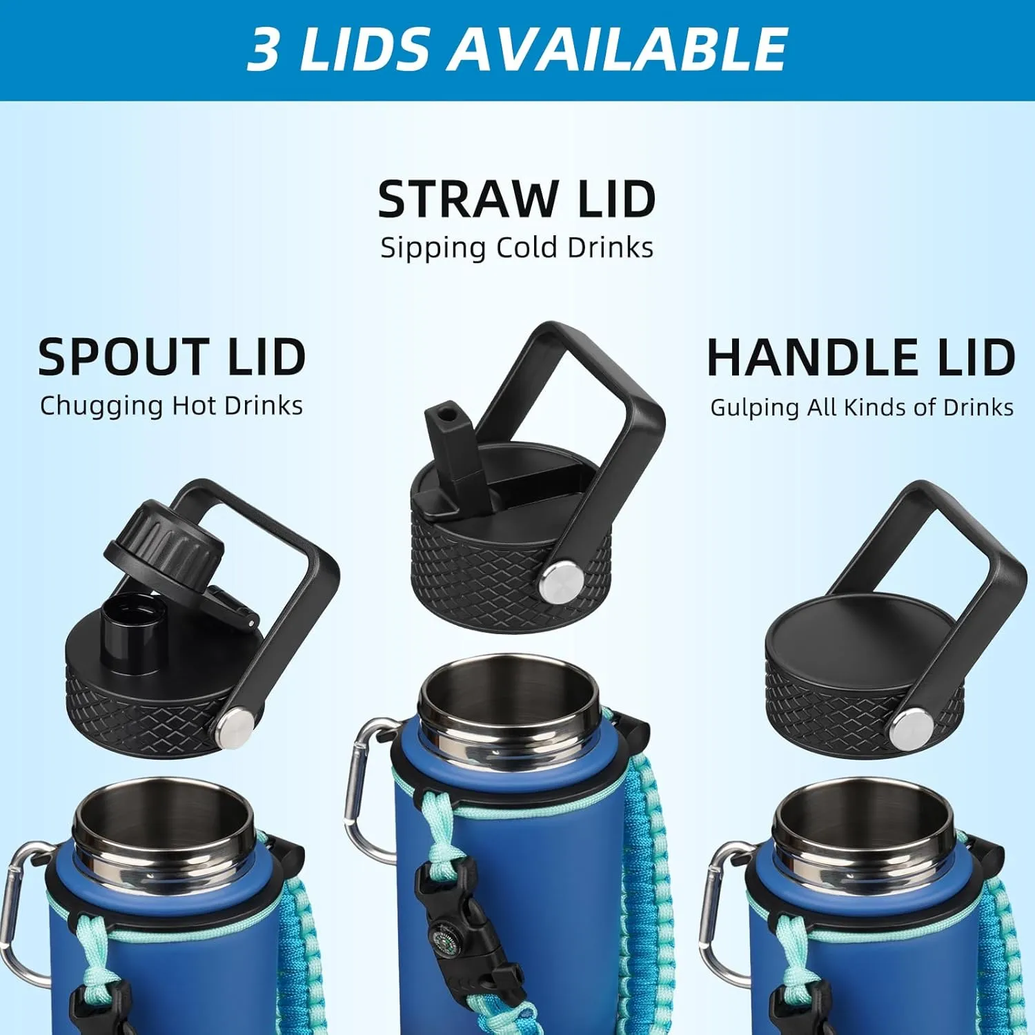 BJPKPK Water Bottle with Straw Lid, 18oz Insulated Water Bottles with 3 Lids, Paracord Handle & Non-slip Boot, Metal Stainless Steel Thermos, BPA Free Leak Proof Tumblers,Blue Black