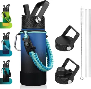 BJPKPK Water Bottle with Straw Lid, 18oz Insulated Water Bottles with 3 Lids, Paracord Handle & Non-slip Boot, Metal Stainless Steel Thermos, BPA Free Leak Proof Tumblers,Blue Black