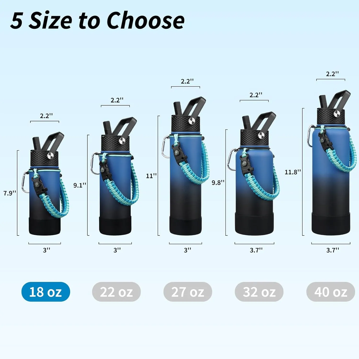 BJPKPK Water Bottle with Straw Lid, 18oz Insulated Water Bottles with 3 Lids, Paracord Handle & Non-slip Boot, Metal Stainless Steel Thermos, BPA Free Leak Proof Tumblers,Blue Black