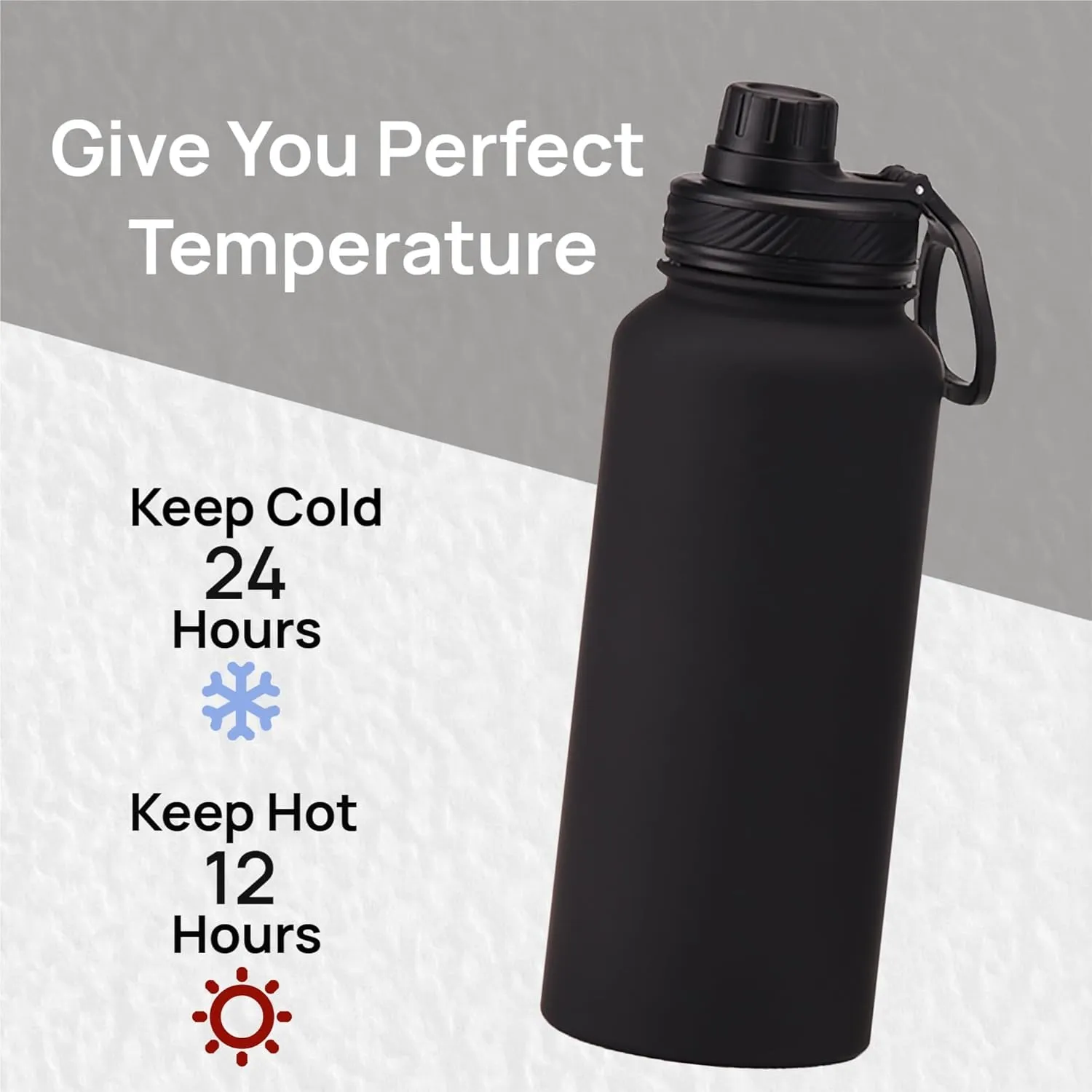Black 32 oz Insulated Water Bottle, Large Metal Stainless Steel Water Flask, Big Sports Travel Mens Water Bottle for Gym,Hiking,1 liters Leakproof Insulated Thermal Bottle with 2 Lids