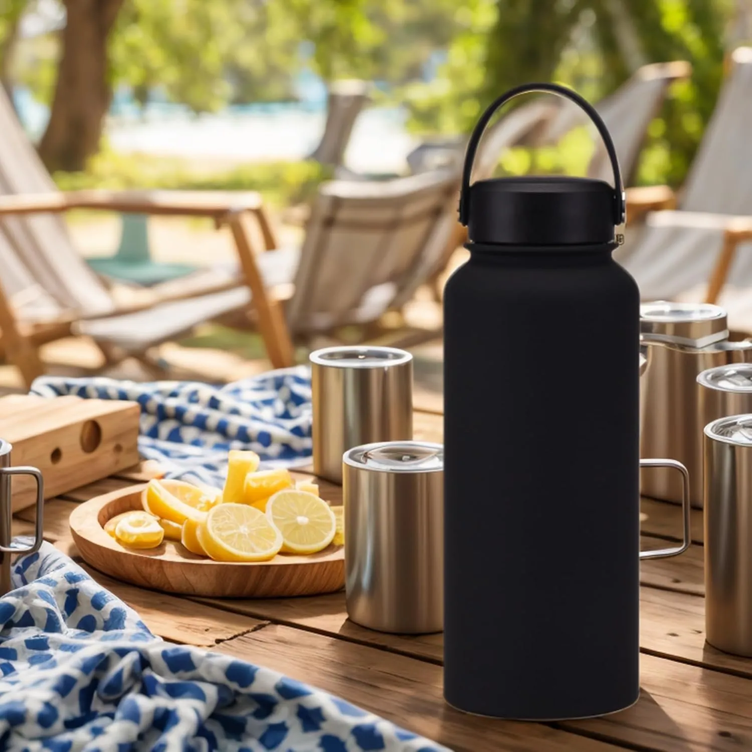 Black 32 oz Insulated Water Bottle, Large Metal Stainless Steel Water Flask, Big Sports Travel Mens Water Bottle for Gym,Hiking,1 liters Leakproof Insulated Thermal Bottle with 2 Lids