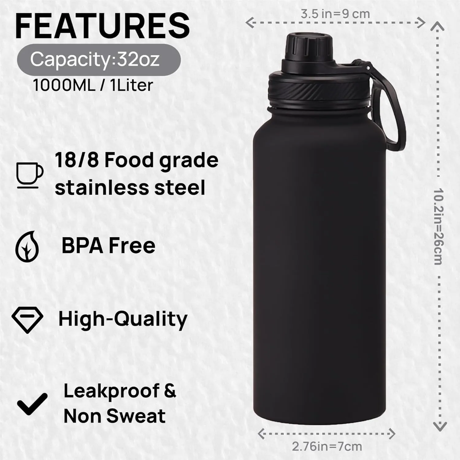 Black 32 oz Insulated Water Bottle, Large Metal Stainless Steel Water Flask, Big Sports Travel Mens Water Bottle for Gym,Hiking,1 liters Leakproof Insulated Thermal Bottle with 2 Lids