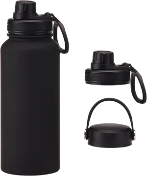 Black 32 oz Insulated Water Bottle, Large Metal Stainless Steel Water Flask, Big Sports Travel Mens Water Bottle for Gym,Hiking,1 liters Leakproof Insulated Thermal Bottle with 2 Lids