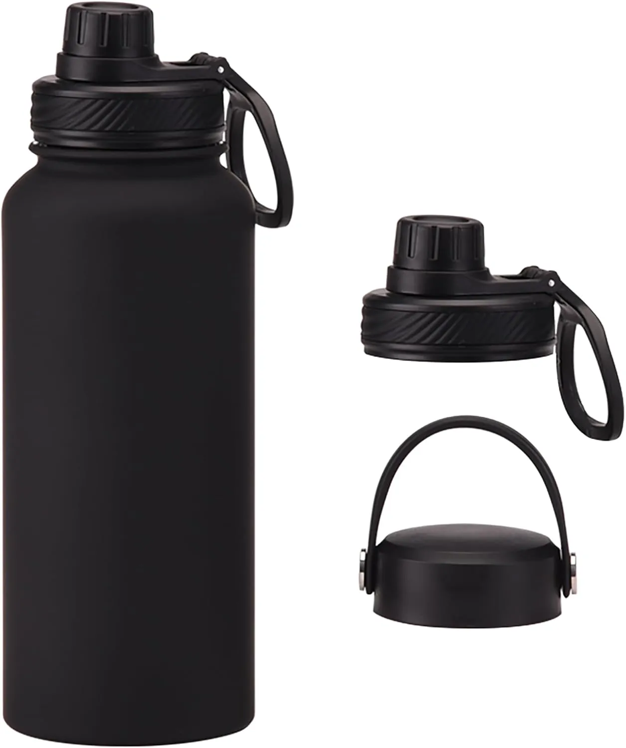 Black 32 oz Insulated Water Bottle, Large Metal Stainless Steel Water Flask, Big Sports Travel Mens Water Bottle for Gym,Hiking,1 liters Leakproof Insulated Thermal Bottle with 2 Lids