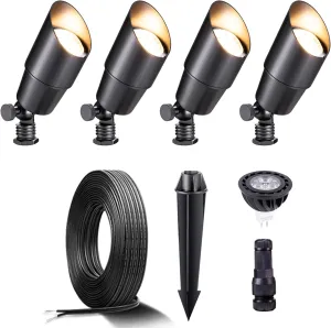 Black Brass Landscape Lighting Kit (4-Pack LED Spotlights) with 100 Feet Cable and 20Pack Wire Connectors for Outdoor House Garden Patio Without Low Voltage Transformer
