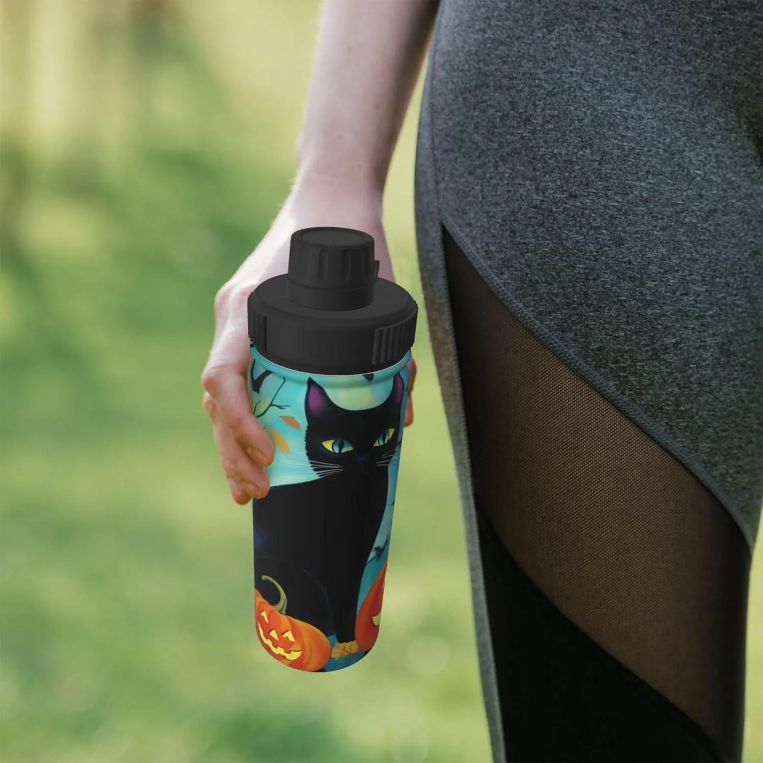 Black Cat Halloween 18 oz Stainless Steel Water Bottles Insulated Sports Water Bottle with Spout Lid, Pumpkin Leaves Double Wall Travel Water Flask for Men Women