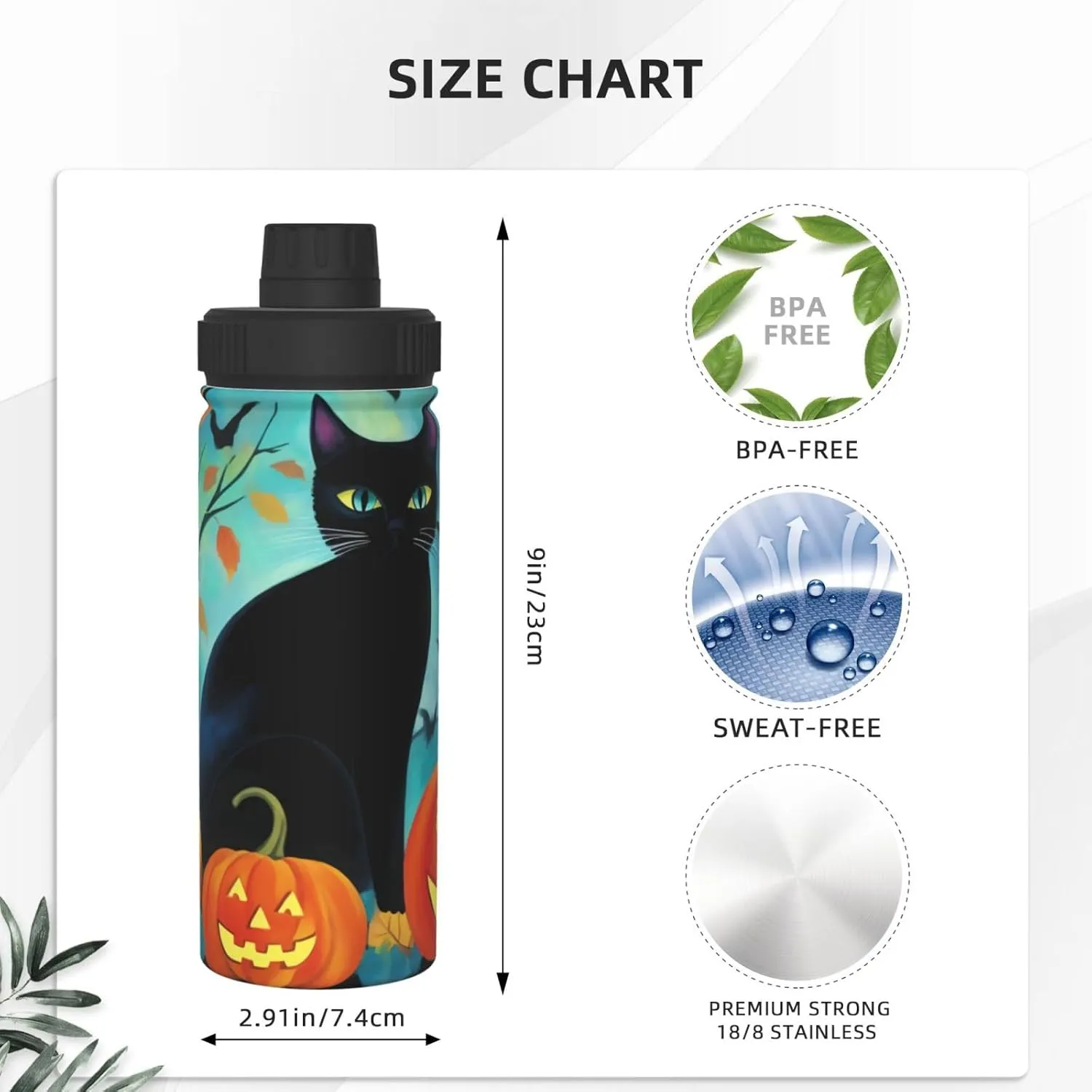 Black Cat Halloween 18 oz Stainless Steel Water Bottles Insulated Sports Water Bottle with Spout Lid, Pumpkin Leaves Double Wall Travel Water Flask for Men Women