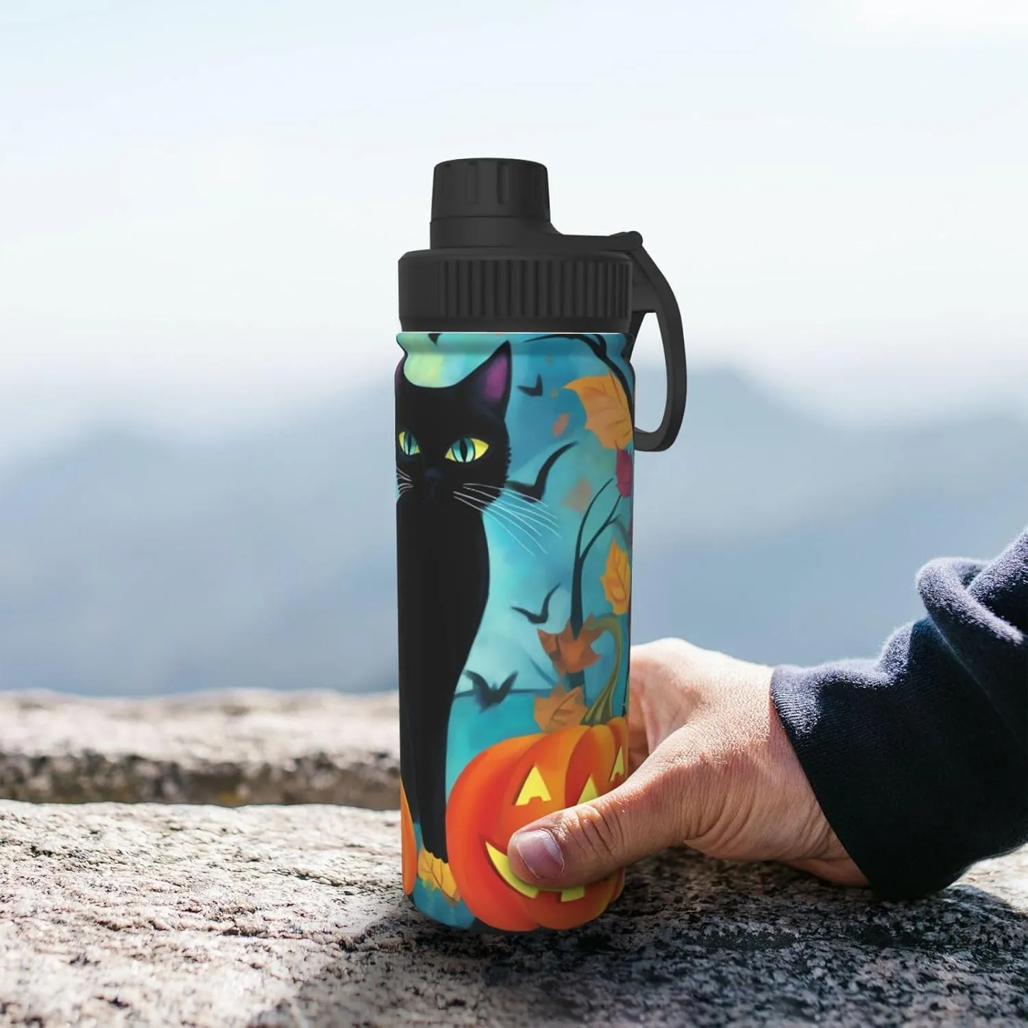 Black Cat Halloween 18 oz Stainless Steel Water Bottles Insulated Sports Water Bottle with Spout Lid, Pumpkin Leaves Double Wall Travel Water Flask for Men Women
