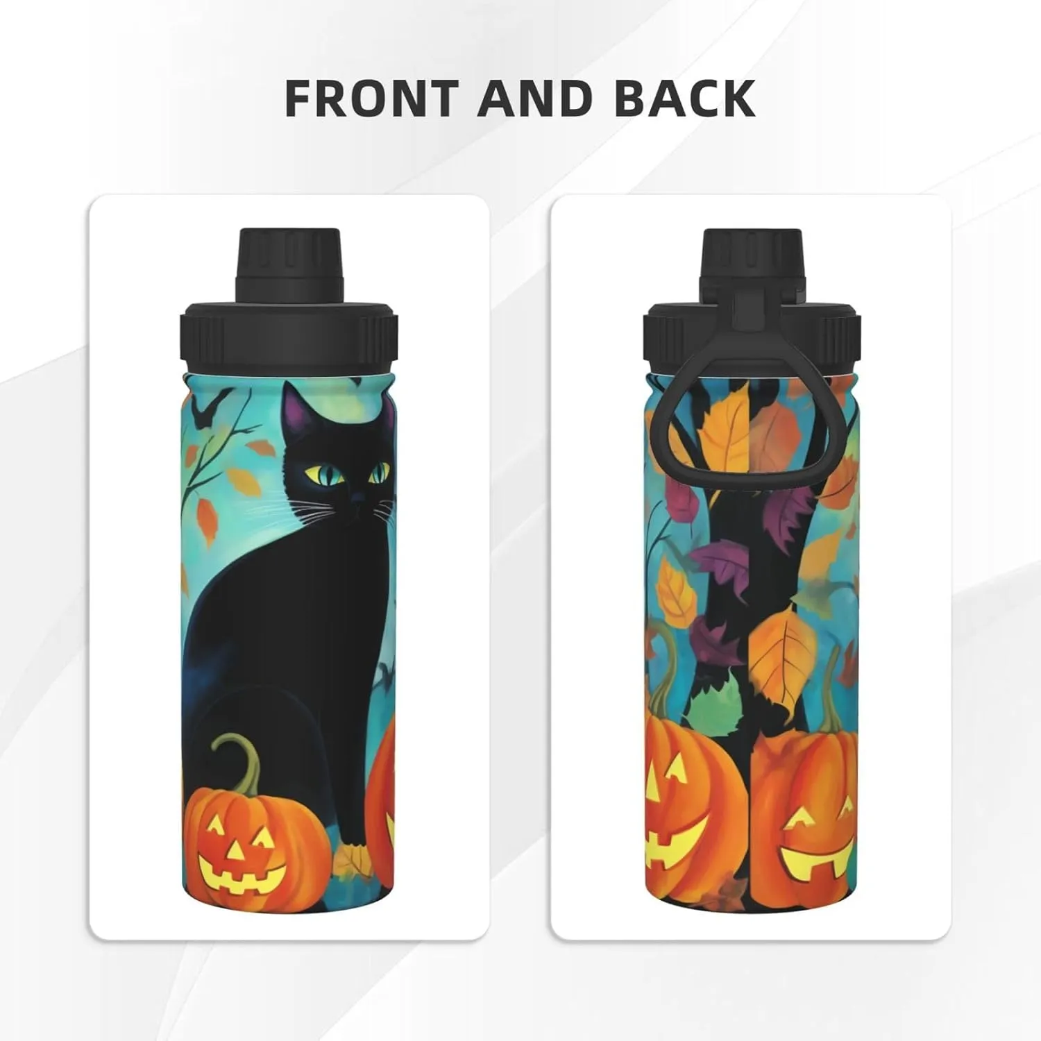 Black Cat Halloween 18 oz Stainless Steel Water Bottles Insulated Sports Water Bottle with Spout Lid, Pumpkin Leaves Double Wall Travel Water Flask for Men Women